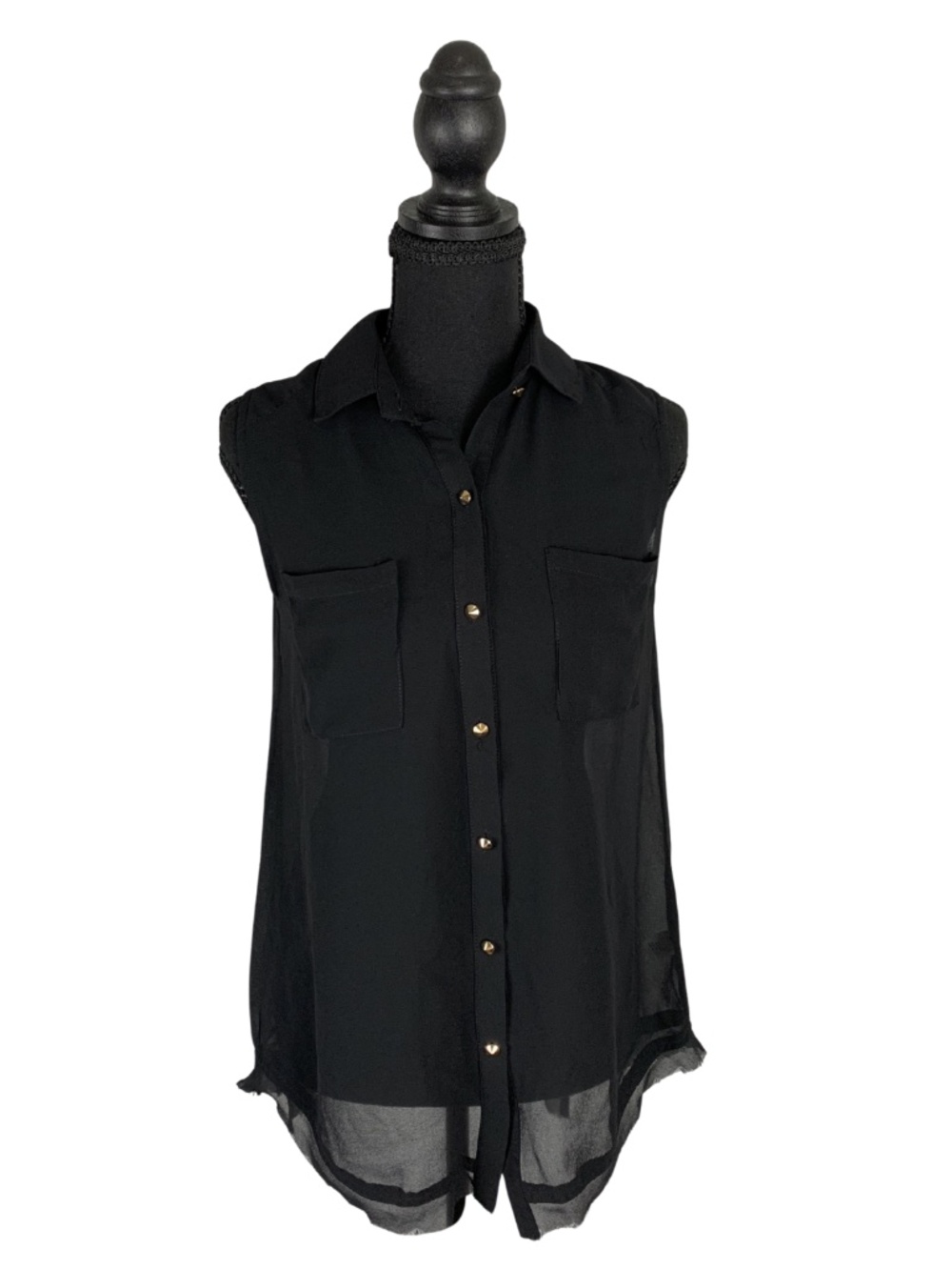 Silk Sheer Black Sleeveless Blouse Ya Los Angeles Frayed Hem Womens S Feminine